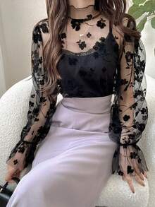 FRIFUL 女士优雅高领花卉网眼透明衬衫，带荷叶边袖子，适合春夏秋季长袖上衣 - 黑色 - 查看 7