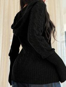 INAWLY Áo len dệt kim dài tay cổ chữ V màu trơn có mũ trùm đầu dành cho nữ - màu đen - Xem 5