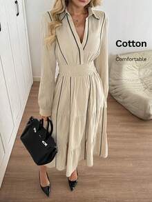 Easowa 秋冬女士长袖衬衫裙，收腰设计，卡其色至黑色渐变中长连衣裙，适合日常穿着和办公室通勤 - 杏色 - 查看 2