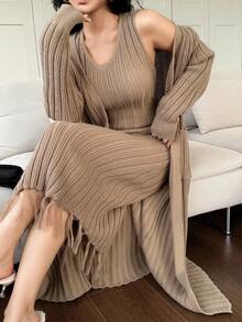 Feyla Women's Solid Color Fringe Hem Sleeveless Dress And Long Sleeve Cardigan Elegant 2-Piece Set - Khaki - View 5