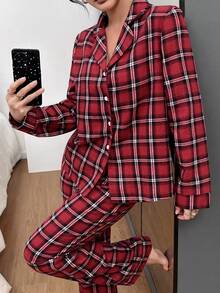 SHEIN Women's Casual Plaid Lapel Collar Long Sleeve Pajama Set Fall Clothes Burgundy Pajama Set Sleep Wear Women 2 Pieces Pajama Sets For Women Winter, Christmas - Multicolor - View 1