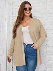 SHEIN LUNE Jaket Kardigan Lengan Panjang Wanita Ukuran Besar Kasual Warna Polos untuk Musim Dingin dan Gugur - Khaki - View 1