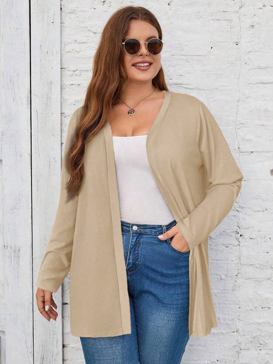 SHEIN LUNE Jaket Kardigan Lengan Panjang Wanita Ukuran Besar Kasual Warna Polos untuk Musim Dingin dan Gugur - Khaki - View 1
