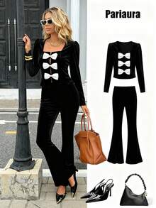 Chiquease Women's Elegant Bow Decor Long Sleeve Top And Pants Set, Autumn/Winter - Black - View 1