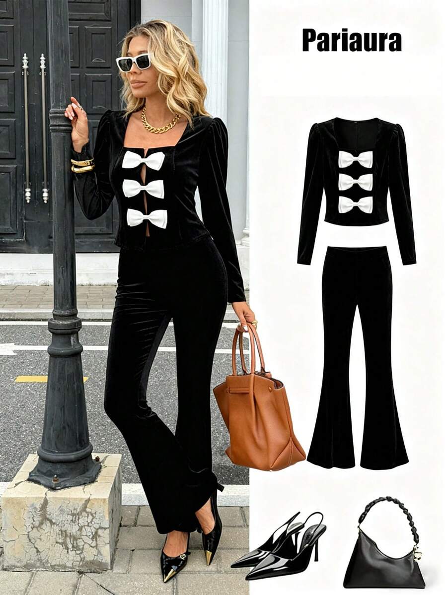 Chiquease Women's Elegant Bow Decor Long Sleeve Top And Pants Set, Autumn/Winter - Black - View 1