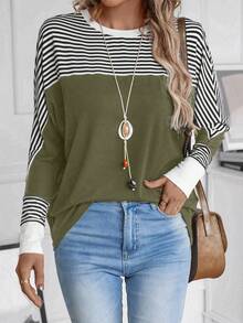 EMERY ROSE Plus Size Women's Casual Loose Striped Batwing Long Sleeve T-Shirt - Army Green - View 1