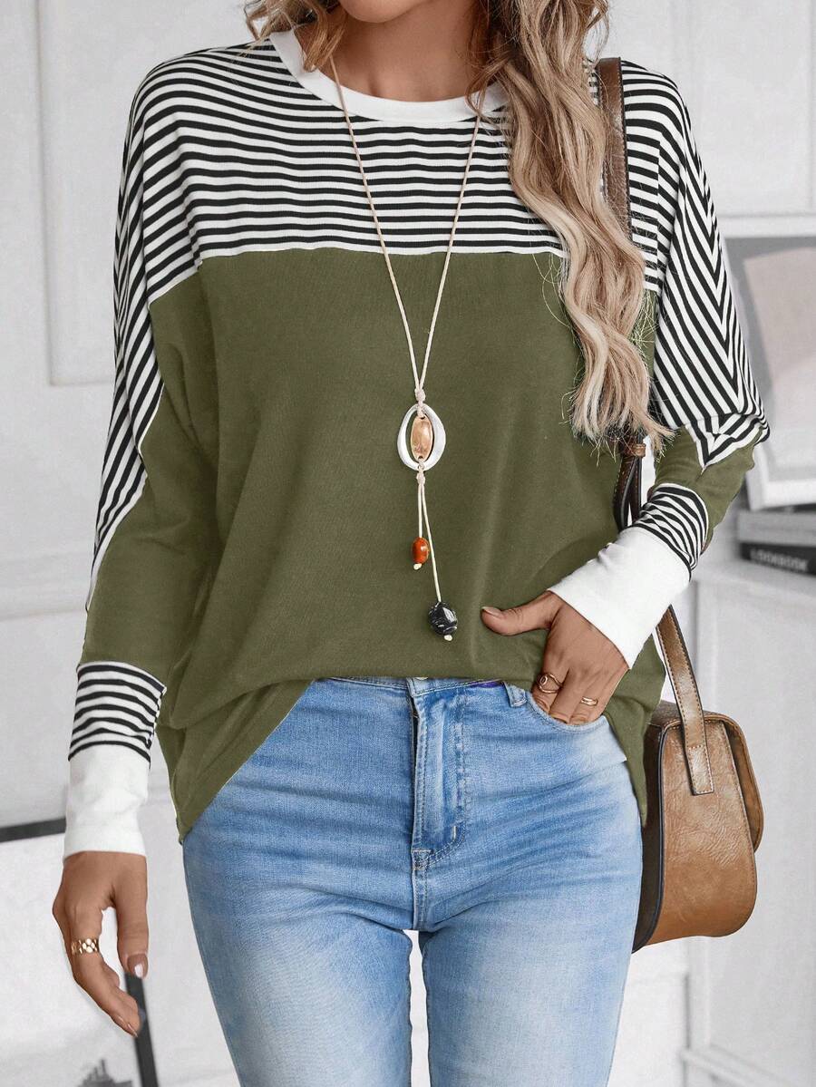EMERY ROSE Plus Size Women's Casual Loose Striped Batwing Long Sleeve T-Shirt - Army Green - View 1