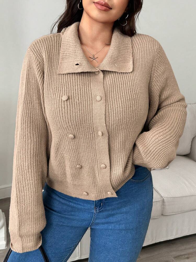Dazy Plus Plus Size Women Double-Breasted Decorated Solid Color Turtleneck Casual Short Cardigan Sweater, Autumn/Winter