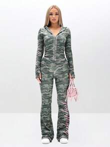 BABYPHAT 修身版型针织拉链连帽衫，迷彩印花和撞色缝线细节，适合日常休闲穿着 - 彩色 - 查看 3