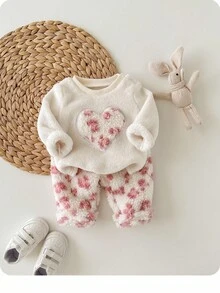 SHEIN 新生女婴可爱休闲卡通印花长袖运动衫和裤子套装