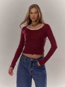 MUSERA Ribbed Knit Layered Lace Trim Long Sleeve Sweater Top Winter Cute Casual Cosy Winter - Burgundy - View 1