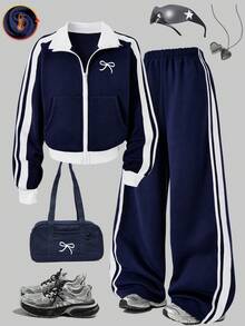 Sparklyn 2件套女童休闲简约户外长袖夹克和阔腿裤 - 寶藍色 - 查看 3