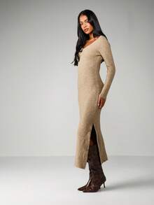 MISSGUIDED Long Sleeve Ribbed Knit Maxi Dress With V Neck Fitted Bodycon Silhouette For Fall Winter - Apricot - View 5