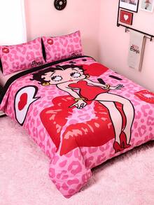 Betty Boop x SHEIN 三件套玫瑰红豹纹图案被套，抛光面料，柔软保暖，多种尺寸可选，适用于单人床/双人床/大号床/特大号床，送礼佳品，适合派对、节日、情人节等场合。 - 玫紅色 - 查看 2