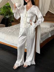 DAZY Polka Dot Pattern Satin Ruffle Trim Women Pajama Set, Winter Clothes - White - View 4