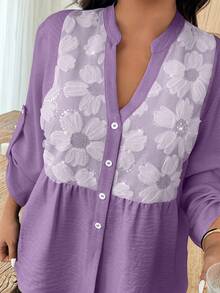 SHEIN LUNE Áo cánh tay bèo xếp nếp cổ chữ V họa tiết hoa thêu cỡ lớn thời trang cho nữ - Màu tím - Xem 1
