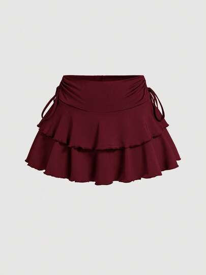 SHEIN Tall Women Solid Color Side Drawstring Double Ruffle Hem Mini Skirt