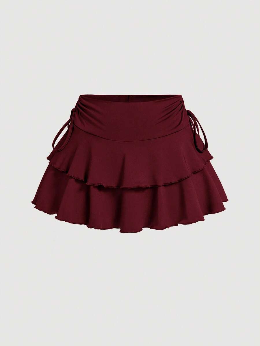 SHEIN Tall Women Solid Color Side Drawstring Double Ruffle Hem Mini Skirt, Tall Women - Burgundy - View 1