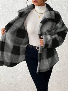 EMERY ROSE Plus Size Women Plaid Drop Shoulder Long Sleeve Single-Breasted Fuzzy Jacket, Autumn/Winter - Dark Grey - View 8
