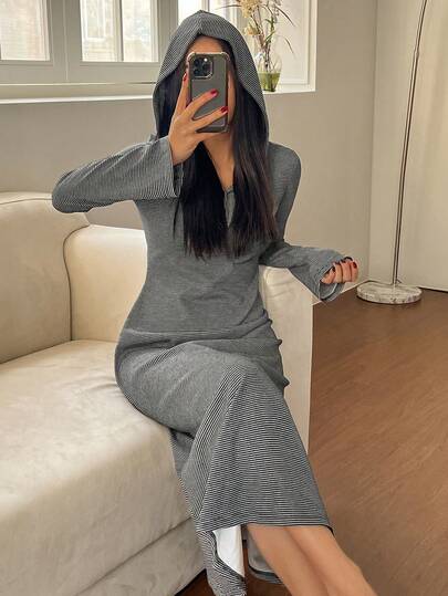 DAZY 女士修身长款条纹连帽睡袍，秋冬季，宽松睡裙