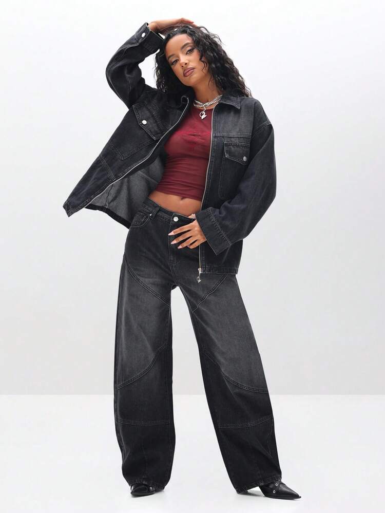 BABYPHAT レディース オーバーサイズデニムシャツジャケット 長袖 ジップアップ カジュアルアウター 秋冬の必需品