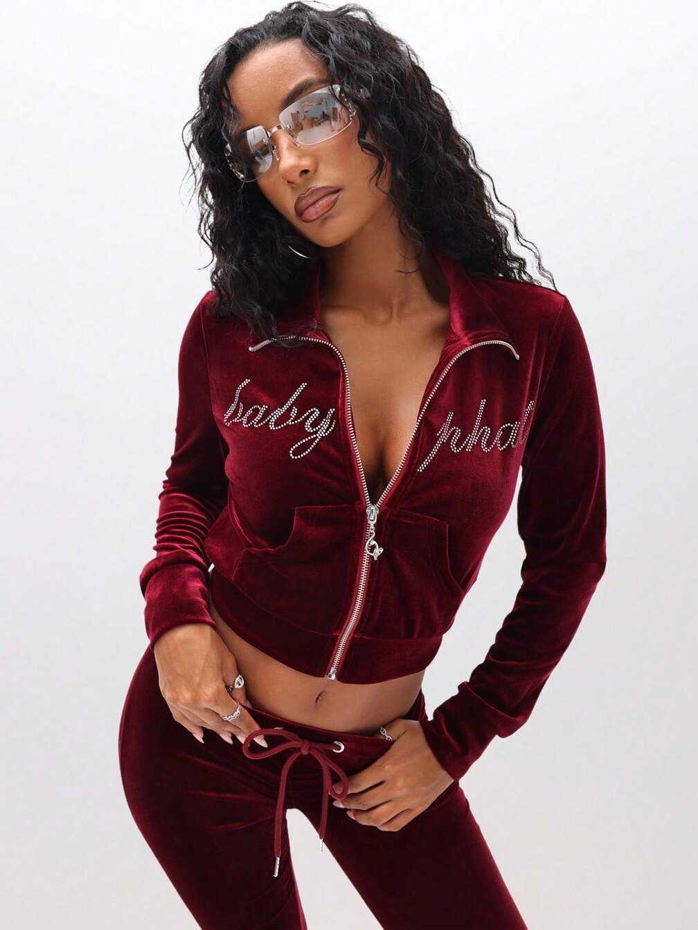 BABYPHAT Women Velour Funnel Neck Zip Up Sweatshirt With