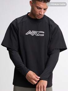 Camiseta casual de manga raglán de corte holgado para hombre 2 en 1 - Negro - Ver 6