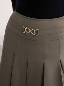 Heiryn Chân váy xếp ly trang trí kim loại màu trơn thanh lịch dành cho nữ - màu nâu - Xem 7