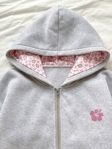 Teen Girl Sweet Cute Cherry Pattern Pink Zip-Up Jacket With Thermal Lining, Warm Sweatshirt For Autumn/Winter