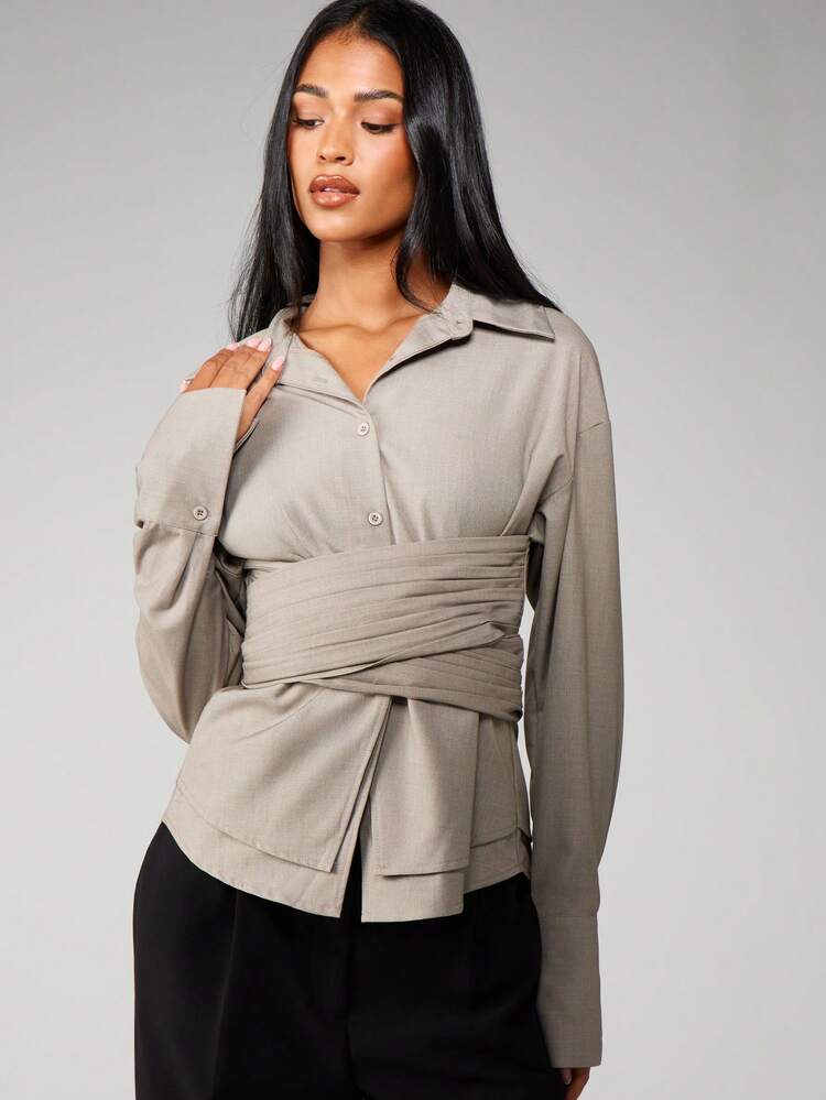 MISSGUIDED Gerafftes Kreuzüberlappungs-Kragen-Knopfleisten-Bluse mit Bindegürtel, Langarm, Büro