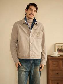 RivetRise Men's Autumn Khaki Embroidered Pocket Denim Jacket, Fashionable Casual Bomber Vintage Mens Jacket - Khaki - View 5