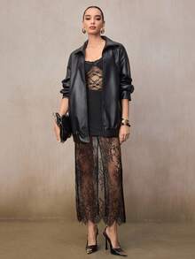 Modelyn 2pcs Women Elegant Leather Jacket + Lace Midi Skirt Set, Autumn - Black - View 5