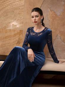 Modelyn French Elegant Elegant Round Neck Design Velvet Contrast Lace Dress - Blue - View 2