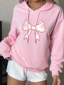 Attitoon 休闲可爱甜美日常仿3D刺绣蝴蝶结印花图案粉色宽松卫衣，适合秋冬季穿着，舒适百搭 - 淺粉色 - 查看 5