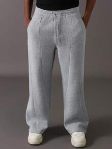 STYNVO Quần nỉ ống rộng ống rộng màu trơn có dây rút ở eo dành cho nam - Màu Xám nhạt - Xem 4