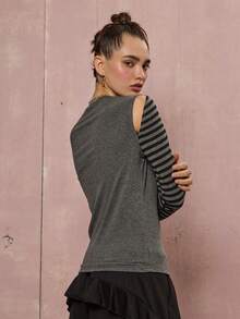 COUREZ 长袖露背条纹上衣 / Y2K 冬季女装外出上衣 灰色上衣 - 深灰色 - 查看 3