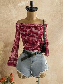 Soleia Women Fall Casual Fashion Pleated Fitted Off Shoulder Long Sleeve Top - Multicolor - View 3