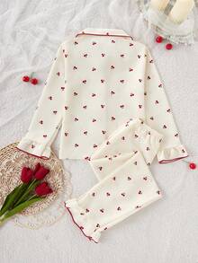 Girls Pajama Set Thermal Loungewear 2-Piece Set - Cream Red Cherry Pajamas Sweet Cherry Print Lapel Design Cream Red Vintage Elegant Color Thermal Knit Fabric Long Sleeve Lapel Top Pants Cherry Combo Social Media Style Sweet Vintage Autumn Winter Spring Holiday Essential Tween Girl Home Set Two Pieces Sleepwear Set Pajamas Set Two Pieces - Apricot - View 2