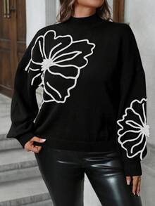 SHEIN Clasi Plus Size Floral Pattern Colorblock Turtleneck Long Sleeve Sweater Fall Winter - Black and White - View 6