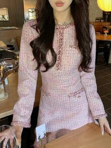 DAZY 女式时尚优雅 Y2K 粗花呢长袖中长连衣裙舞会礼服 - 粉色 - 查看 3