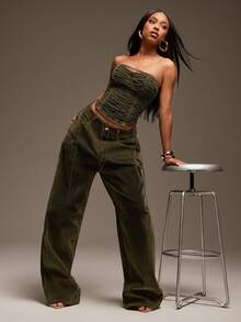 Denimoi Áo corset buộc dây bằng vải nhung denim đã giặt - xanh quân đội - Xem 3