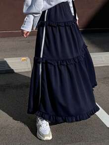 FRIFUL 女士撞色弹力腰荷叶边侧条纹设计喇叭下摆宽松休闲百搭A字半身裙，秋冬款 - 藏蓝色 - 查看 4