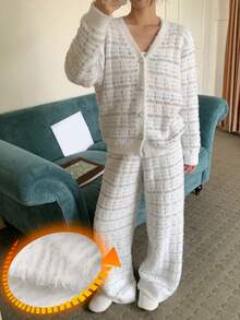 DAZY 格子图案宽松长袖针织上衣和裤子两件套睡衣，女士秋冬保暖舒适睡衣
