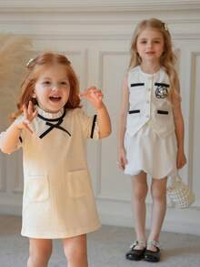 Girls Contrast Color Splicing Pocket Floral Waistcoat Cardigan Top And Ruffle Floral Skirt Set, Summer - White - View 4