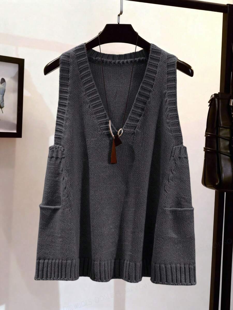 EMERY ROSE 新款纯色针织背心上衣，简约欧美风，百搭又时尚 - 深灰色 - 查看 1