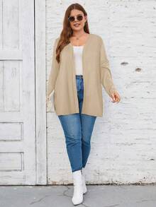 SHEIN LUNE Jaket Kardigan Lengan Panjang Wanita Ukuran Besar Kasual Warna Polos untuk Musim Dingin dan Gugur - Khaki - View 3