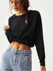 Bohemela Camiseta de manga raglán de cuello redondo de unicolor casual y diaria, talla grande, otoño - Negro - Ver 6