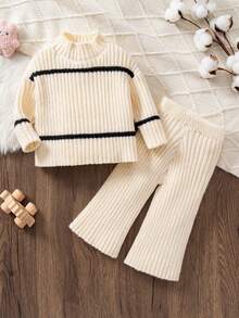 SHEIN Set di maglione e pantaloni in maglia kaki per bambina, maglione oversize vintage di alta qualità minimalista e pantaloni a zampa d'elefante, set di 2 pezzi per autunno e inverno