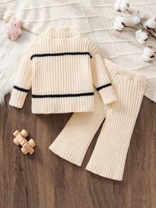 SHEIN Set di maglione e pantaloni in maglia kaki per bambina, maglione oversize vintage di alta qualità minimalista e pantaloni a zampa d'elefante, set di 2 pezzi per autunno e inverno