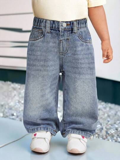SHEIN 女婴复古蓝色牛仔阔腿裤